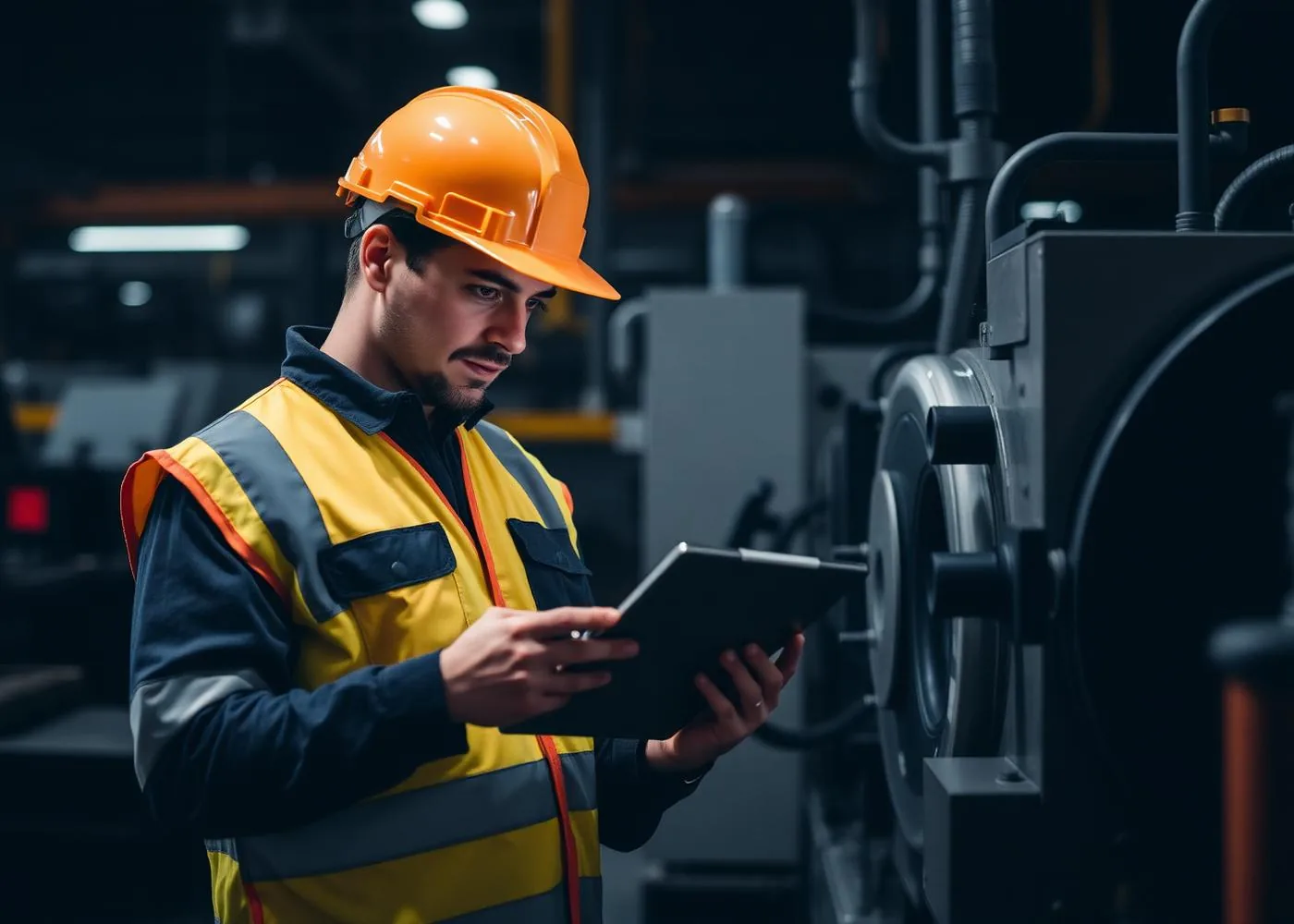 Engineer reviewing equipment lubrication on a tablet